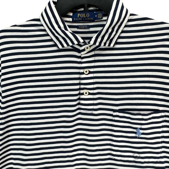 Polo Ralph Lauren Shirt Men M Blue Stripe Polo Logo Classic Fit Nautical Preppy - Picture 1 of 12